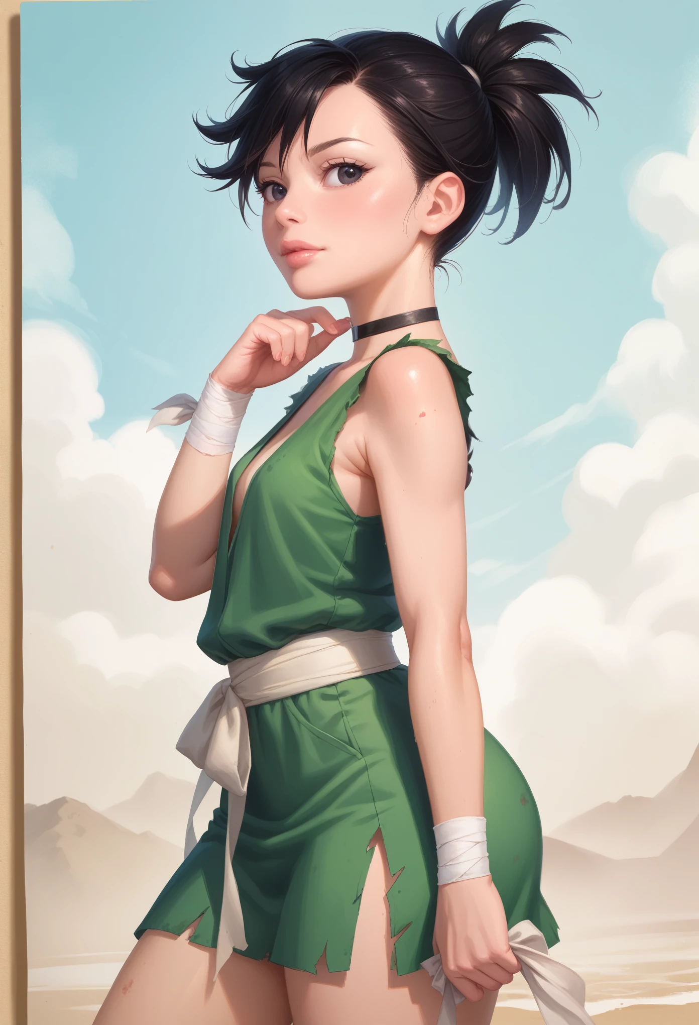 dororo, black hair, ponytail, choker, black eyes, bandages, wrist wrap, ankle wrap, masterpiece, best quality, photorealistic, 1girl, solo, looking at viewer, , depth of field, (watercolor illustration, soft pastel colors:1.1), realistic, dororo, huge hips. side view. bottom view.