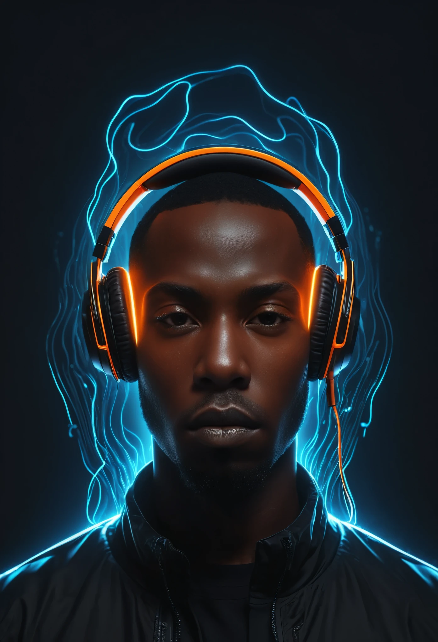 shawt a black man in a Futuristic audio visualization, glowing orange headphones, abstract human silhouette, dark background, neon sound waves, digital art, cyberpunk aesthetic, 3D render, high contrast, symmetrical composition, sleek design, immersive audio experience, vibrant energy lines, pulsating rhythm, sci-fi mood, hyper-realistic detail, volumetric lighting, cinematic atmosphere, electronic music concept
