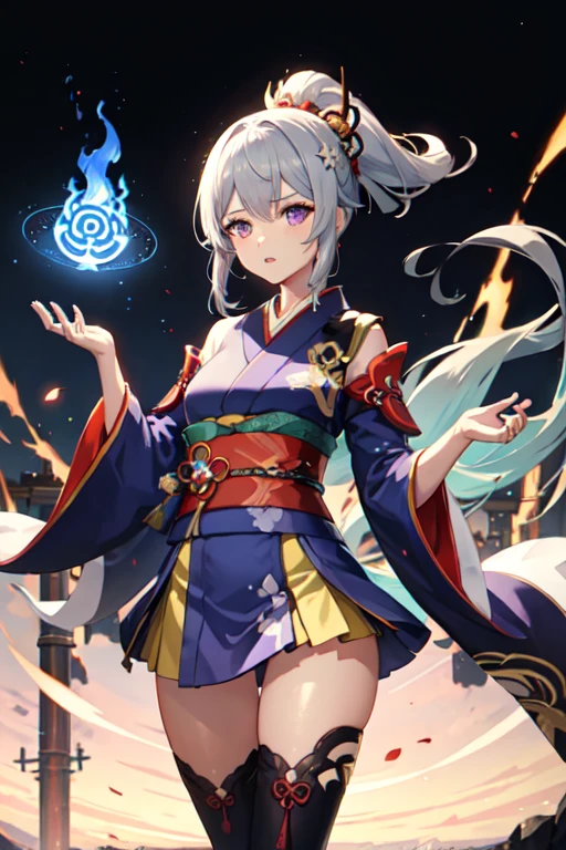(ultra detailed),(masterpeace),(best quality),(photorealistic),beautiful lighting,light from the front, solp,1girl, ,outdoors for park,hakuou,aqua hair,red eyes,ninja,ninja suite,white dress,obi,sleeve,white capelet,sandar, <lora:hakuhou-000007:1>
