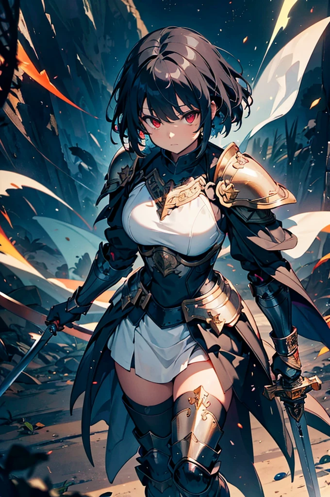 Black background with spotlight,　 １people、（Black Hair,Fantasy, knight,Paladin,Gorgeous detailed armor dress, Gauntlet, Capelet, Shin guards,breastplate, cuff, Full Armor, jewelry, on the other hand, Sunrise posture, (With sword:1.3), Carrying a weapon, Divine Aura,Holy long shining sword,Particles of light, Dark red eyes, Translucent hair, bangs, Short Hair, Shaggy Hair）