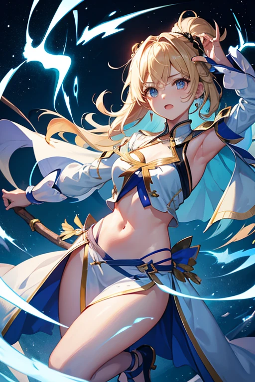 fantasy, 1angel_girl,, ,brown_hair, medium_bob_hair, long_bangs, halo,bare_shoulder,thighhighs,silver_armor, waist_armor, large_breasts,angry,grinning,open_mouth_teeth, 1pair_wings, dynamic_pose_fighting,floating, bare_crotch, headgear,gauntlet, greaves,city_sky_background,slightly_spread_legs, solo, groin_naked,dark_skin,