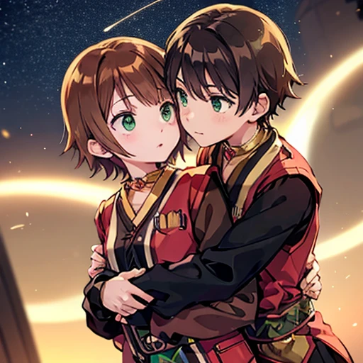 A girl with green eyes, short brown hair , red blouse with long sleeves, googles her hair, affectionately hugging a boy with short black hair, ojos marrones, lentes, red jacket with a night city behind them and shooting stars in the sky, sice difference 