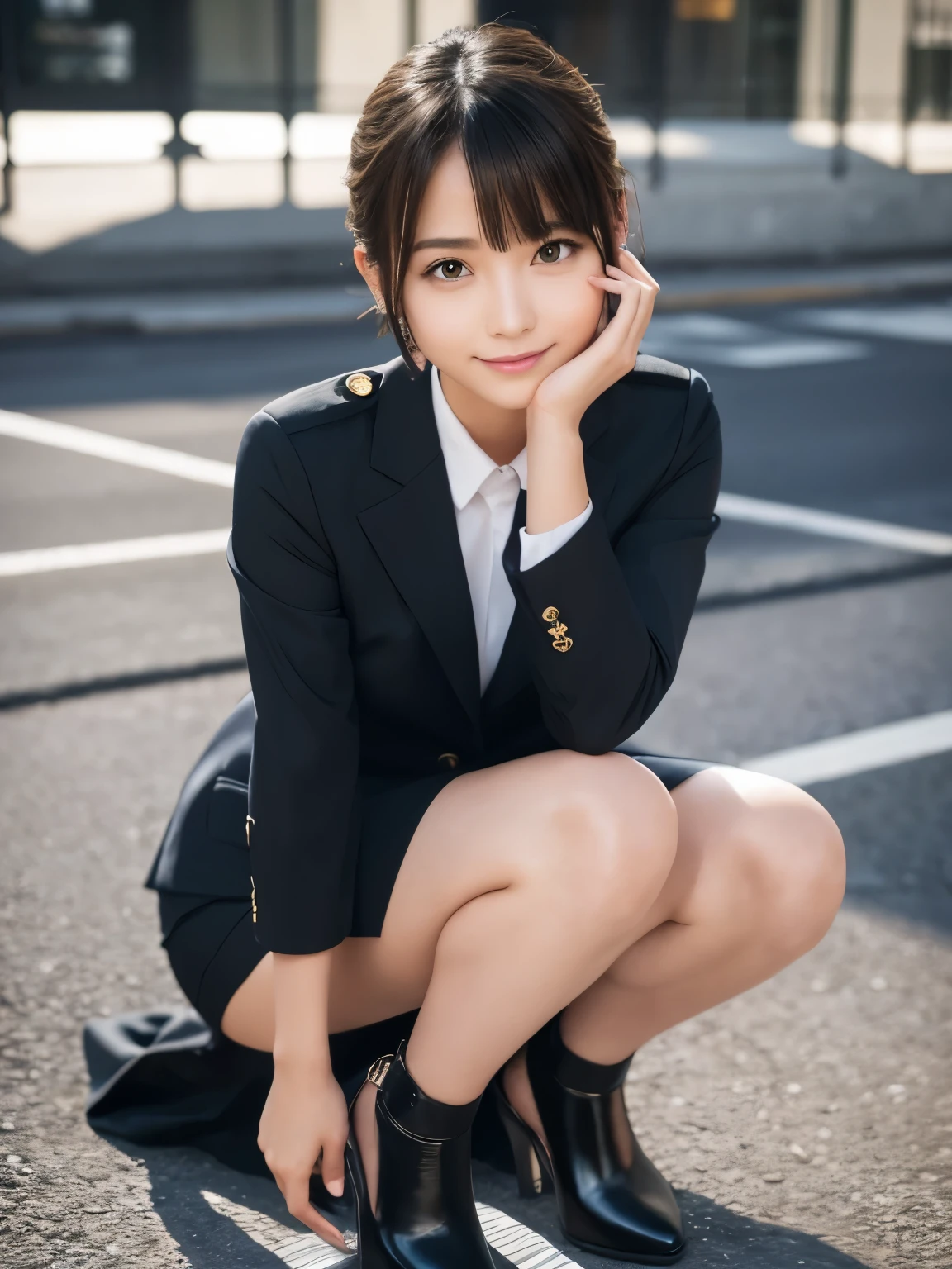 Very beautiful woman, cute, Great face and body, Great body, Short Hair, Genuineのような肌, Glowing Skin, Clear, beautiful eyes, uniform, mini skirt, Black low heels, smile, whole body, Looking at the camera, Very detailed, Attention to detail, Best Quality, Ultra-high resolution, Exquisite photography, 8k, Genuine, Superrealism, Alone