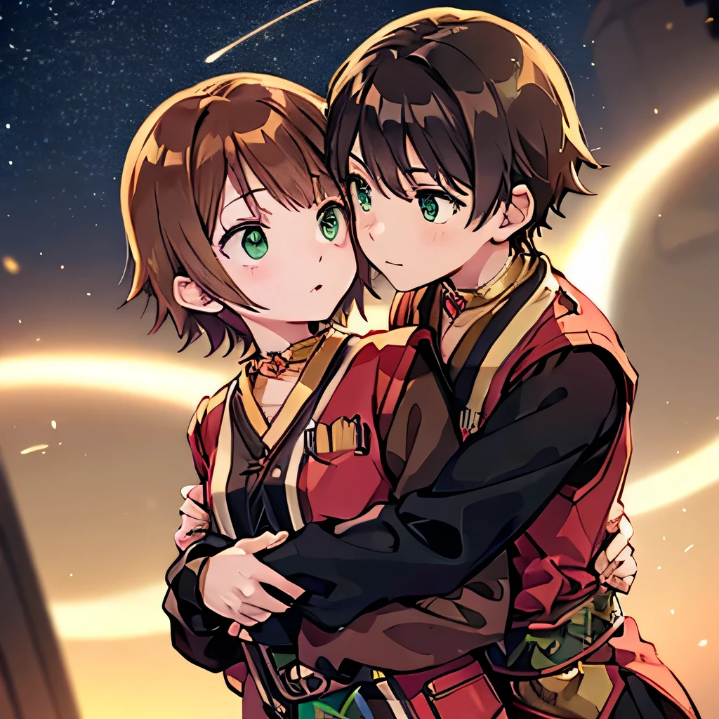 A girl with green eyes, short brown hair , red blouse with long sleeves, googles her hair, affectionately hugging a boy with short black hair, ojos marrones, lentes, red jacket with a night city behind them and shooting stars in the sky, sice difference 