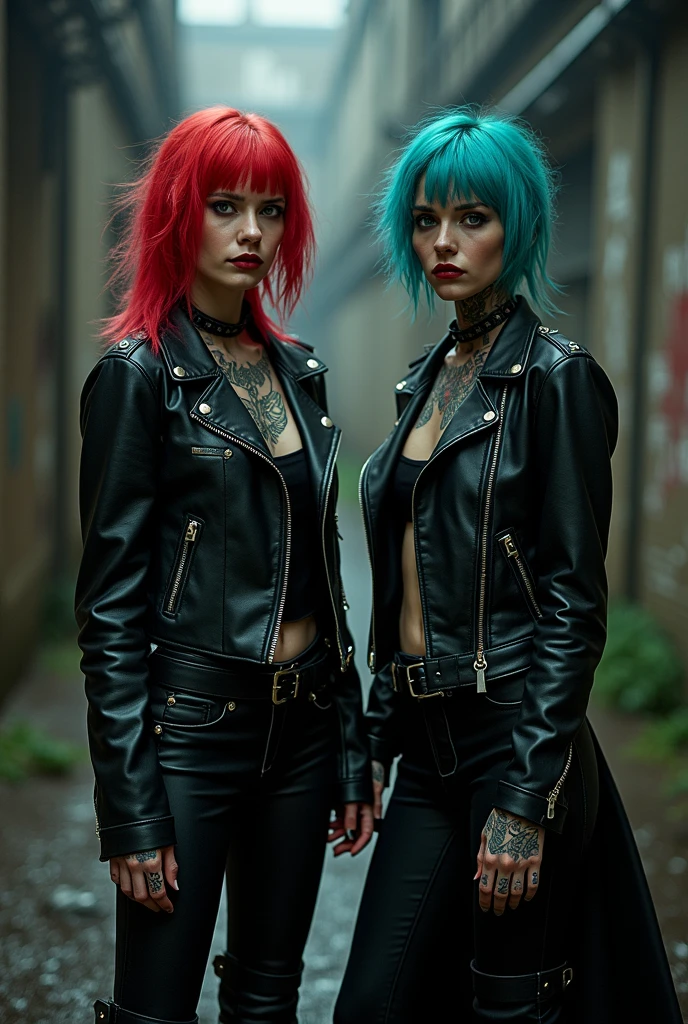 Motorcycle, 1 girl, blue hair, short hair, ponytail, blowing gum, red eyes, flirtatious eyes, black jacket, women's boots, short jeans, holding gun, medium chest,