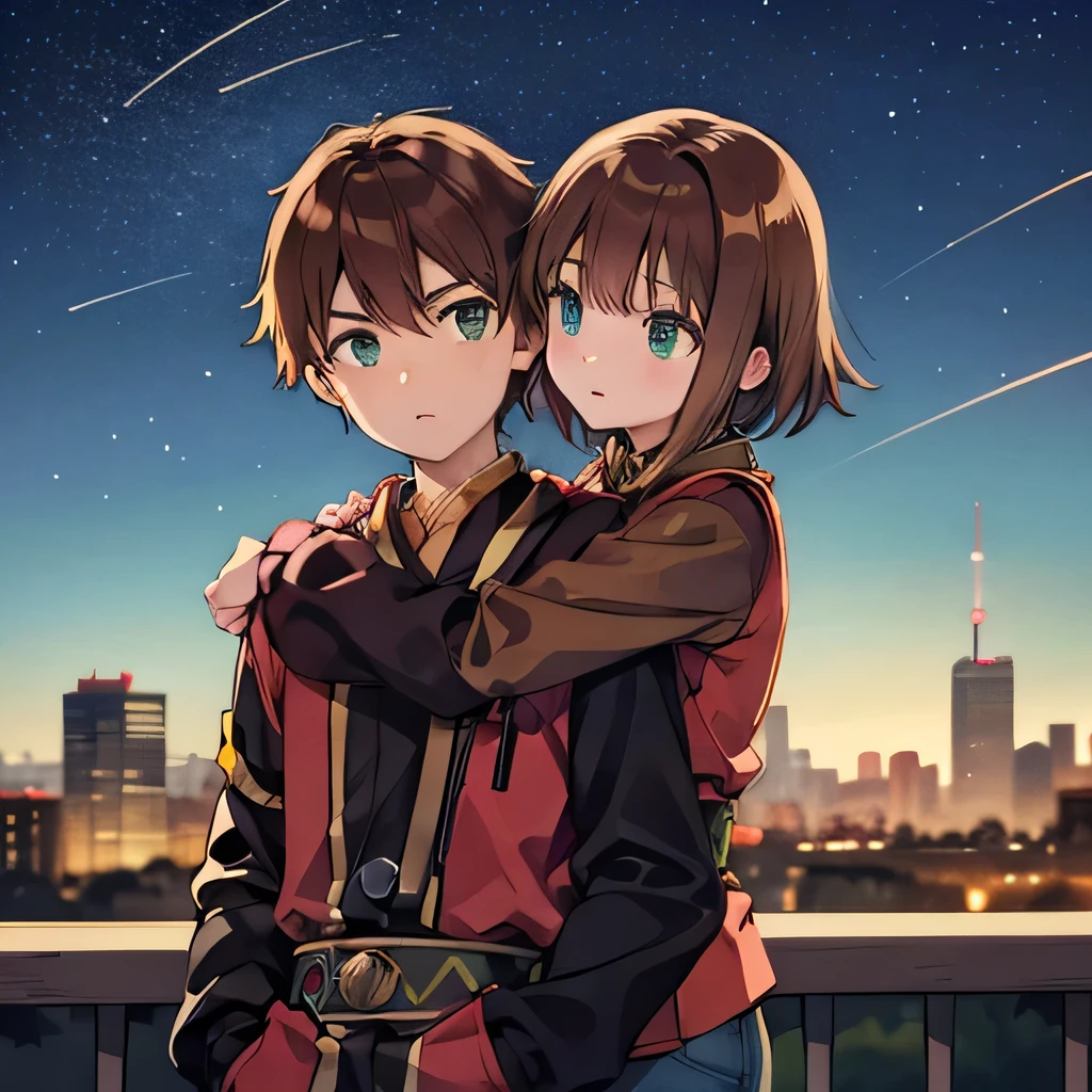 A girl with green eyes, short brown hair , red blouse with long sleeves, googles her hair, affectionately hugging a boy with short black hair, ojos marrones, lentes, red jacket with a night city behind them and shooting stars in the sky, sice difference 