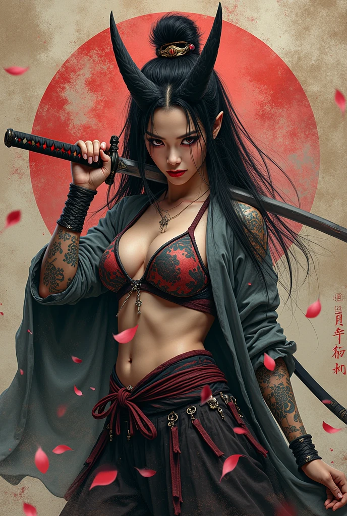 Woman samurai with naked big breast, heavy muscle, naked big bosom, pink nipples, with katana, more muscle, much muscular, wider shoulder, make her wet
