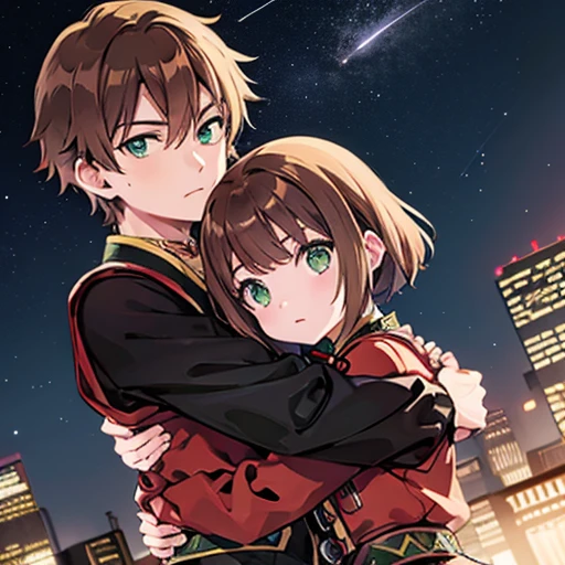 A girl with green eyes, short brown hair , red blouse with long sleeves, googles her hair, affectionately hugging a boy with short black hair, ojos marrones, lentes, red jacket with a night city behind them and shooting stars in the sky, sice difference 