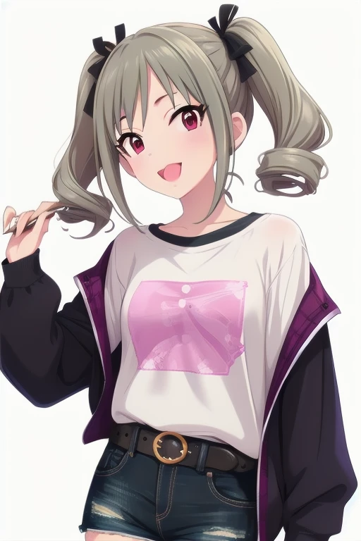 2D, anime, anime coloring, (solid white background:1.3) Kanzaki Ranko,
grey hair, red eyes, long hair, smile, twintails, drill hair, twin drills, 1girl, solo, looking at viewer, open mouth, multiple girls, bangs, ribbon, hair ornament, bow, t-shirt, white shirt, long sleeves, denim shorts, shorts rolled, belt