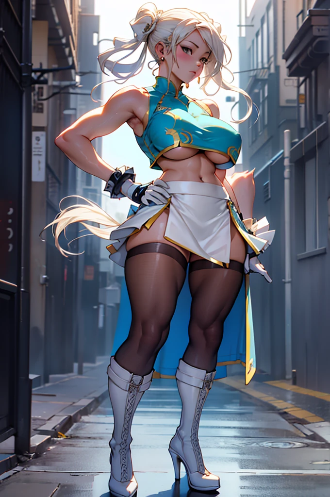 masterpiece,Highest quality, Unreal Engine, Super Resolution, Very detailed,
1 Girl, Waist, thin, (Muscular:0.8)
Round Breasts, Big Breasts, Bold,  Part your lips, Observe the audience,
Are standing, sexy pose
Waist shot,,
, Key Visual,
 Light blue hair, Red eyes, Long-haired monk \(dq3\)
,,Tabard Elbow Gloves((Sit down and spread your legs:1.3)),(Cameltoe:1.5)、Orange full body pantyhose(See-through panties:1.2)