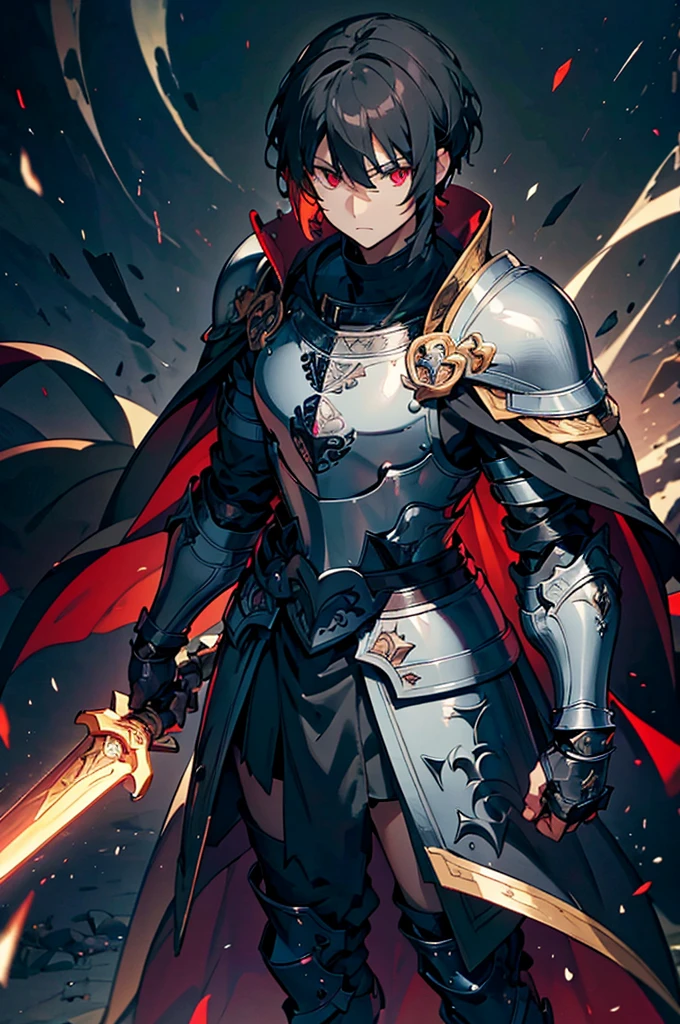 Black background with spotlight,　 male１people、（Short black hair, knight,Paladin,Gorgeous detailed armor dress, Gauntlet, Capelet, Shin guards,breastplate, cuff, Full Armor, Holds a holy, long, shining sword, Dark red eyes, bangs, Short Hair, Short, unkempt hair）