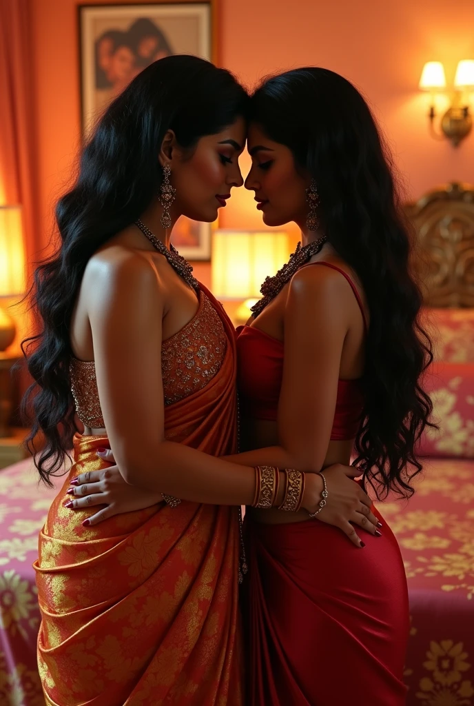 A sexy Indian wife with huge boobs wearing sexy red party wear saari long clevage standing nose to nose with her rivals women who wearing blue sexy saari long clevage big boobs both women standing in kitchen staring each other angrily look like aiswarya rai and Deepika Padukone
