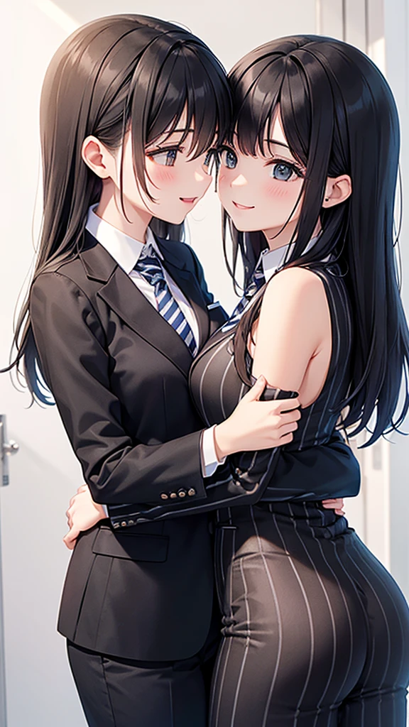 (Two women having fun in the classroom, lascivo: 1,2, hentai: 1,2, NSFW: 1,2, mica lesbiana: 1,2, falda levantada agarrando el culo, besar, rubor, uniforme desabotonado, falda plisada, anatomically correct), ,((long hair slightly wavy slightly past the shoulders, black bangs, small black pigtails on the sides, cute cat ears, beautiful thin red eyes)),