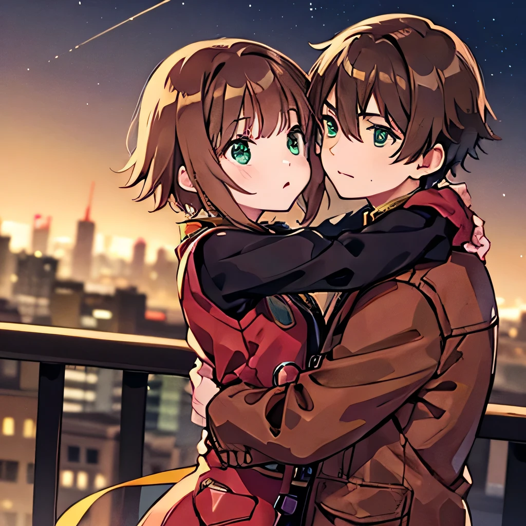 A girl with green eyes, short brown hair , red blouse with long sleeves, googles her hair, affectionately hugging a boy with short black hair, ojos marrones, lentes, red jacket with a night city behind them and shooting stars in the sky, sice difference 