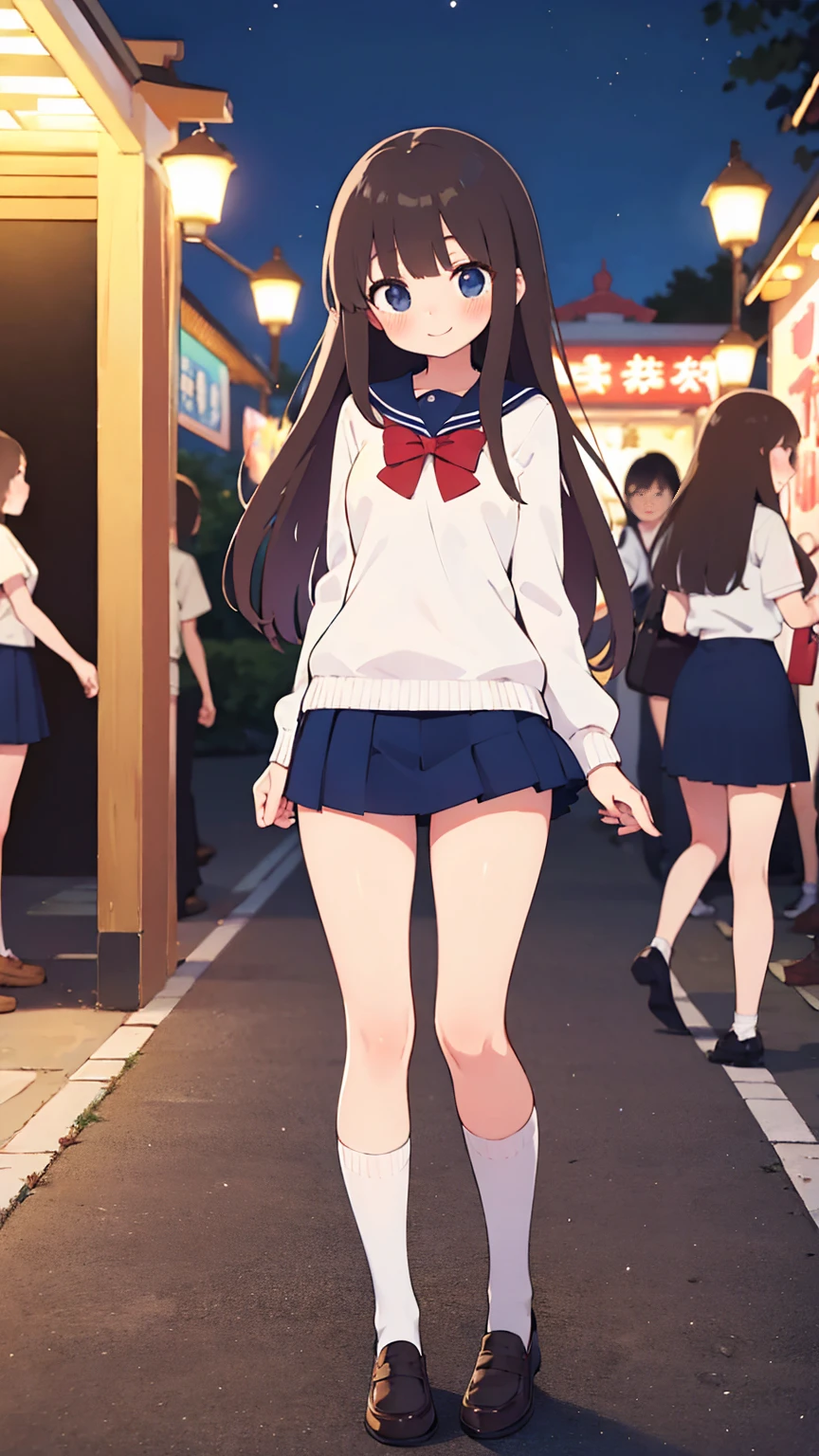 {Highest quality], [Super beautiful], [Ultra fine], [Best illustration], NSFW,Brown Hair, Hime cut, Long Hair, With bangs, girl,high school student,uniform,knit,skirt,smile, blush, Slender women, Adult women,Standing posture,(Public),Night Park,Summer festival,diagonal, Navy blue knee socks,Black Loafers
