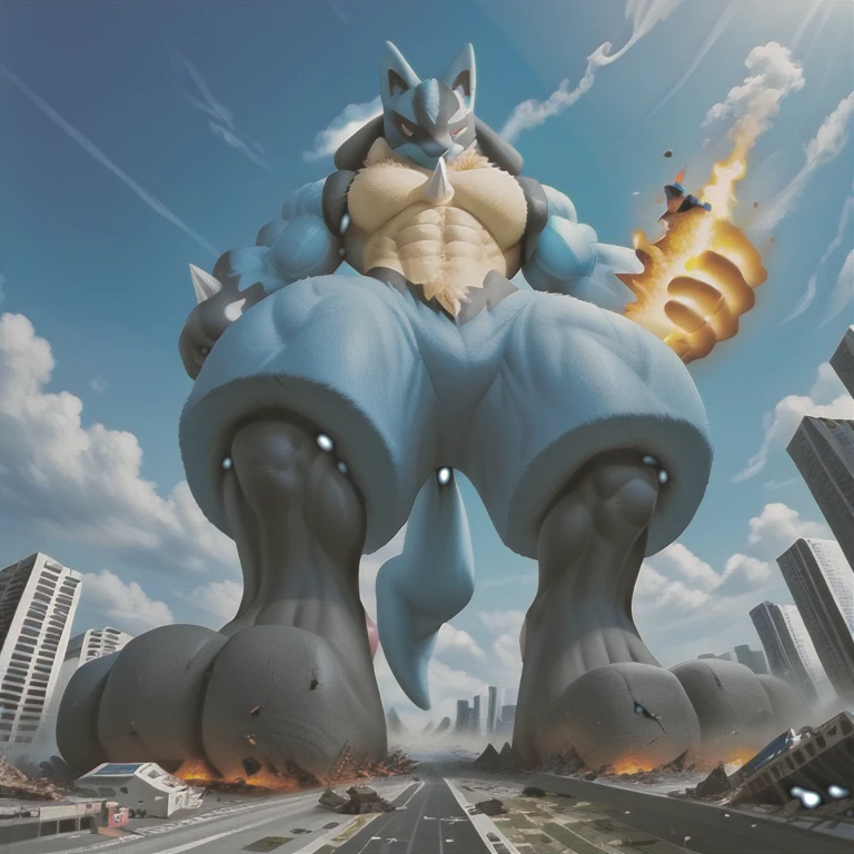 (masterpiece. official art. 8k. best quality. detailed full body. full body.)

(situation 1 : dominating lucario. over 1000 meters long.rampling the city. Looking down. macro. stomp. Low-angle perspective. emphasizing the immense size. stomping. stomp.)

(situation 2 :smoke and flames rising from the destruction in the city)

(Additional details 2: Detailed head. Detailed Body. Detailed abs. gigantic muscles. HYPER MUSCLES. Gigachad Muscular. big muscle. pecs. triceps. traps. unusually developed muscular body. body full of huge muscles. showing off muscles. pectorales enormes. Exaggeratedly huge muscles. huge muscles. long legs.).

(Additional details 4: black hyper penis. hyper black penis. big penis.) 
(lucario, pokemon) 
(An arrogant expression. smile at the corner of your mouth.)
No nipples. 