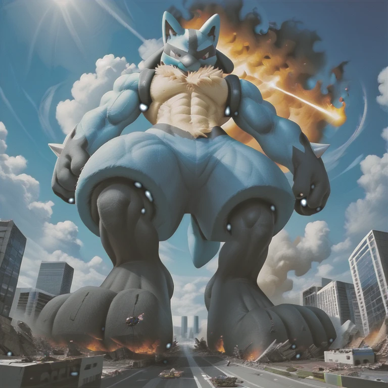 (masterpiece. official art. 8k. best quality. detailed full body. full body.)

(situation 1 : dominating lucario. over 1000 meters long.rampling the city. Looking down. macro. stomp. Low-angle perspective. emphasizing the immense size. stomping. stomp.)

(situation 2 :smoke and flames rising from the destruction in the city)

(Additional details 2: Detailed head. Detailed Body. Detailed abs. gigantic muscles. HYPER MUSCLES. Gigachad Muscular. big muscle. pecs. triceps. traps. unusually developed muscular body. body full of huge muscles. showing off muscles. pectorales enormes. Exaggeratedly huge muscles. huge muscles. long legs.).

(Additional details 4: black hyper penis. hyper black penis. big penis.) 
(lucario, pokemon) 
(An arrogant expression. smile at the corner of your mouth.)
No nipples. 