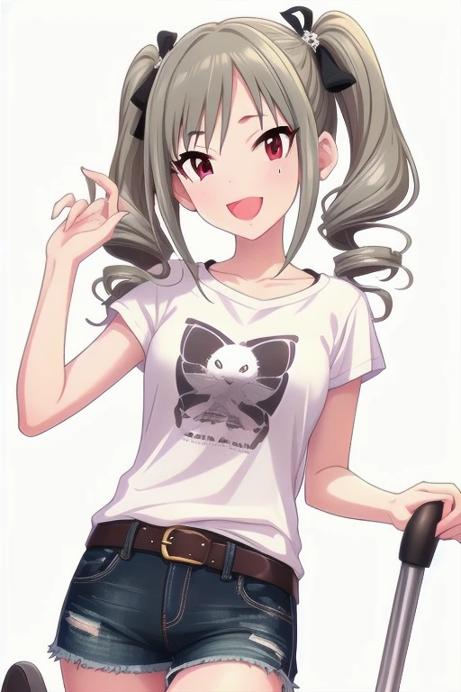 2D, anime, anime coloring, (solid white background:1.3) Kanzaki Ranko, grey hair, red eyes, long hair, smile, twintails, drill hair, twin drills, 1girl, solo, looking at viewer, open mouth, multiple girls, bangs, ribbon, hair ornament, bow, t-shirt, white shirt, denim shorts, shorts rolled, belt