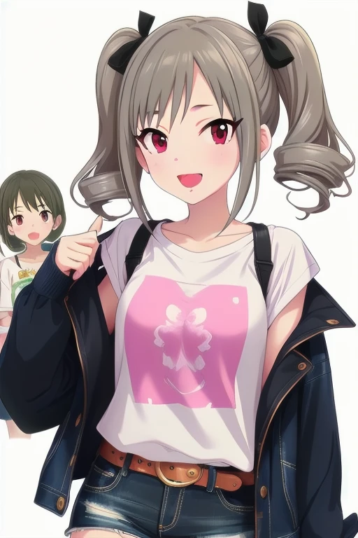 2D, anime, anime coloring, (solid white background:1.3) Kanzaki Ranko, grey hair, red eyes, long hair, smile, twintails, drill hair, twin drills, 1girl, solo, looking at viewer, open mouth, multiple girls, bangs, ribbon, hair ornament, bow, t-shirt, white shirt, denim shorts, shorts rolled, belt