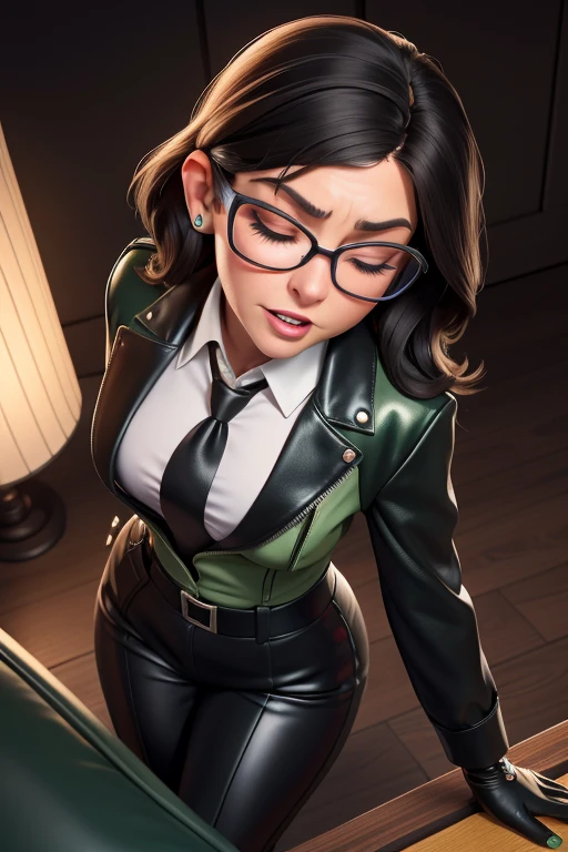obra prima, melhor qualidade, (lauren boebert 70yo) snarl expression, open mouth, eyes closed, black medium length hair, black plastic glasses, pilot outfit, business blouse, necktie, (shiny bright green leather,) studs zippers, shiny leather gloves, body is skinny, laying back against couch cushion, arched back, grabbing cupping, overhead camera view, looking down at me, shallow depth of field, highres, HD, 8k, anatomically correct