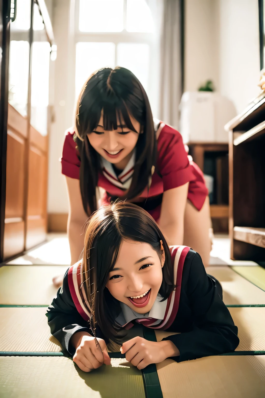 Full body Picture of Chinese teen licking a dildo with Indonesian elementary school dress