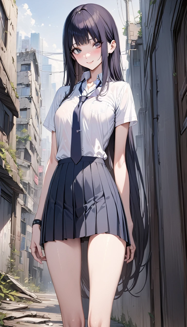 (Very detailed CG Unity 8K wallpaper),(masterpiece), (Highest quality), (Very detailed), (Best illustrations),(Best Shadow)、Large Breasts、crowd、Men lifting up my skirt(See-through white underwear、I can see the streaks)、Embarrassed and blushing。Purple eyes and very short purple hair、White blouse、Blue tie、Checked mini skirt、Beige cardigan、Angle from behind