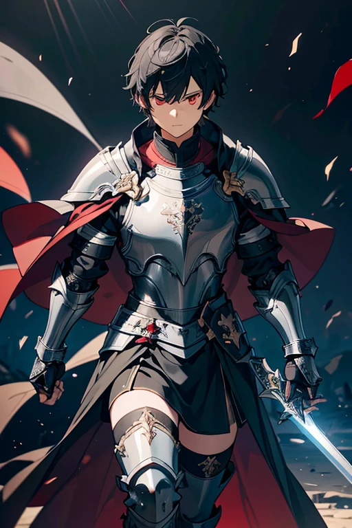 Black background with spotlight,　 male１people、（Short black hair, knight,Paladin,Gorgeous detailed armor dress, Gauntlet, Capelet, Shin guards,breastplate, cuff, Full Armor, Holds a holy, long, shining sword, Dark red eyes, bangs, Short Hair, Short, unkempt hair）