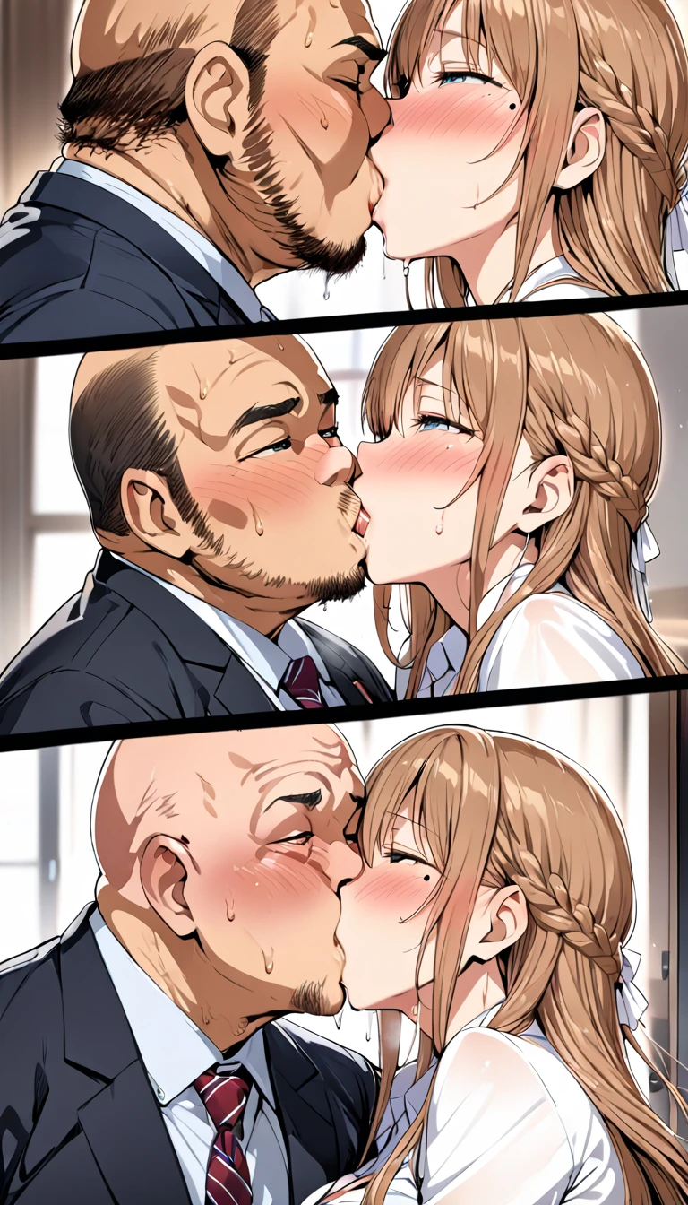 High quality,Ultra-high resolution,High-definition illustrations,asuna yuki,Masterpiece,extremely detailed,bdsm ,highres,japanese,bust up focus,mature hetero couple,(married secretary milf is glossy lips and old hairy bald Creepy old perv ),orgasm ,Casual office suits,office boss room,saliva,sweat,Medium breasts,moist skin,seductive,beautyfull curvy,long intricate hair,mole under eye,blush,((passionate kiss: 1.4))