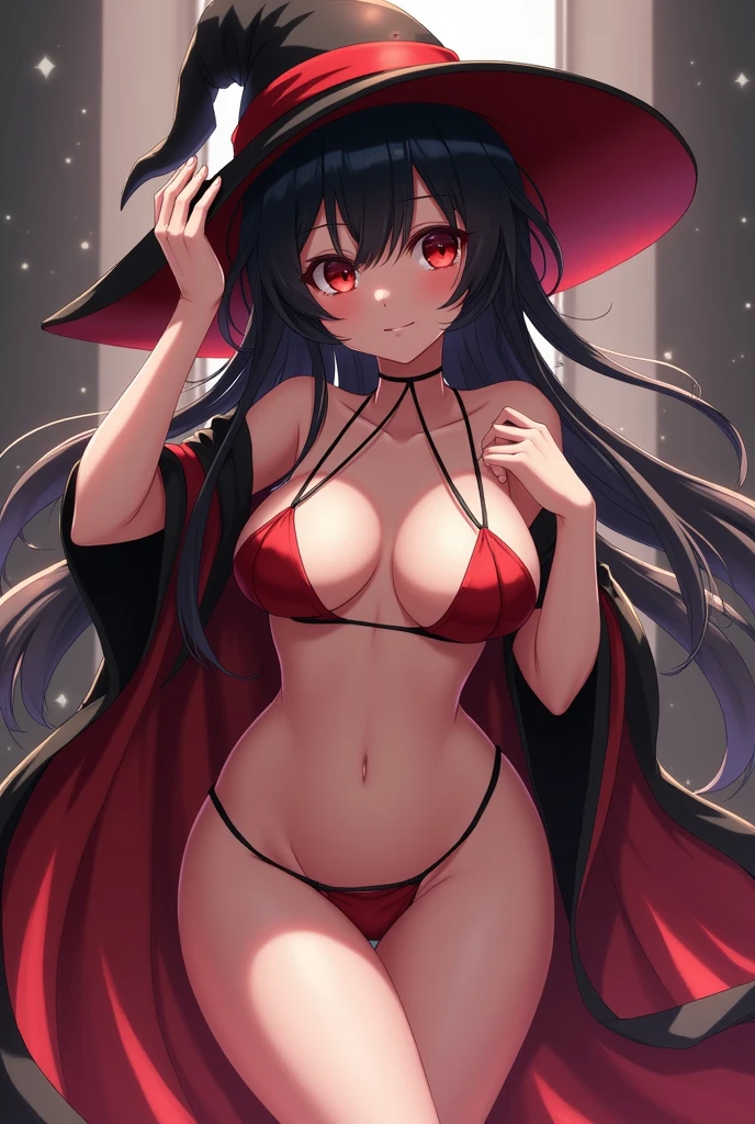 Goth woman wearing skimpy swimsuit and a large sunhat, beautiful soft pale skin, large round saggy breasts, small waist with tapered hips, sexy strong squishy thighs, wearing furry slip on high heels, sexy legs, gorgeous tear drop shaped ass, incredibly attractive body, sexy smirk,