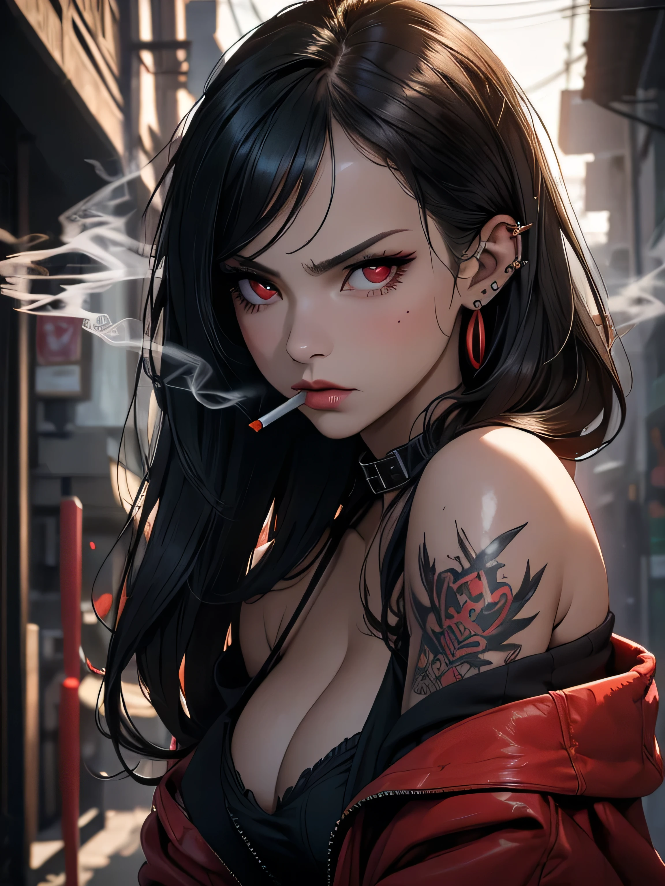 Hot girl, baddie, off shoulder, staring, glaring, shin raised up high, bad attitude, mean girl, dare, angry, hate, crazy, hot, slut, whore, smoking, sexy, cleavage, sensual, slutty, sultry, attractive, big breast, tattoo, e girl, big lips, nude, no clothes