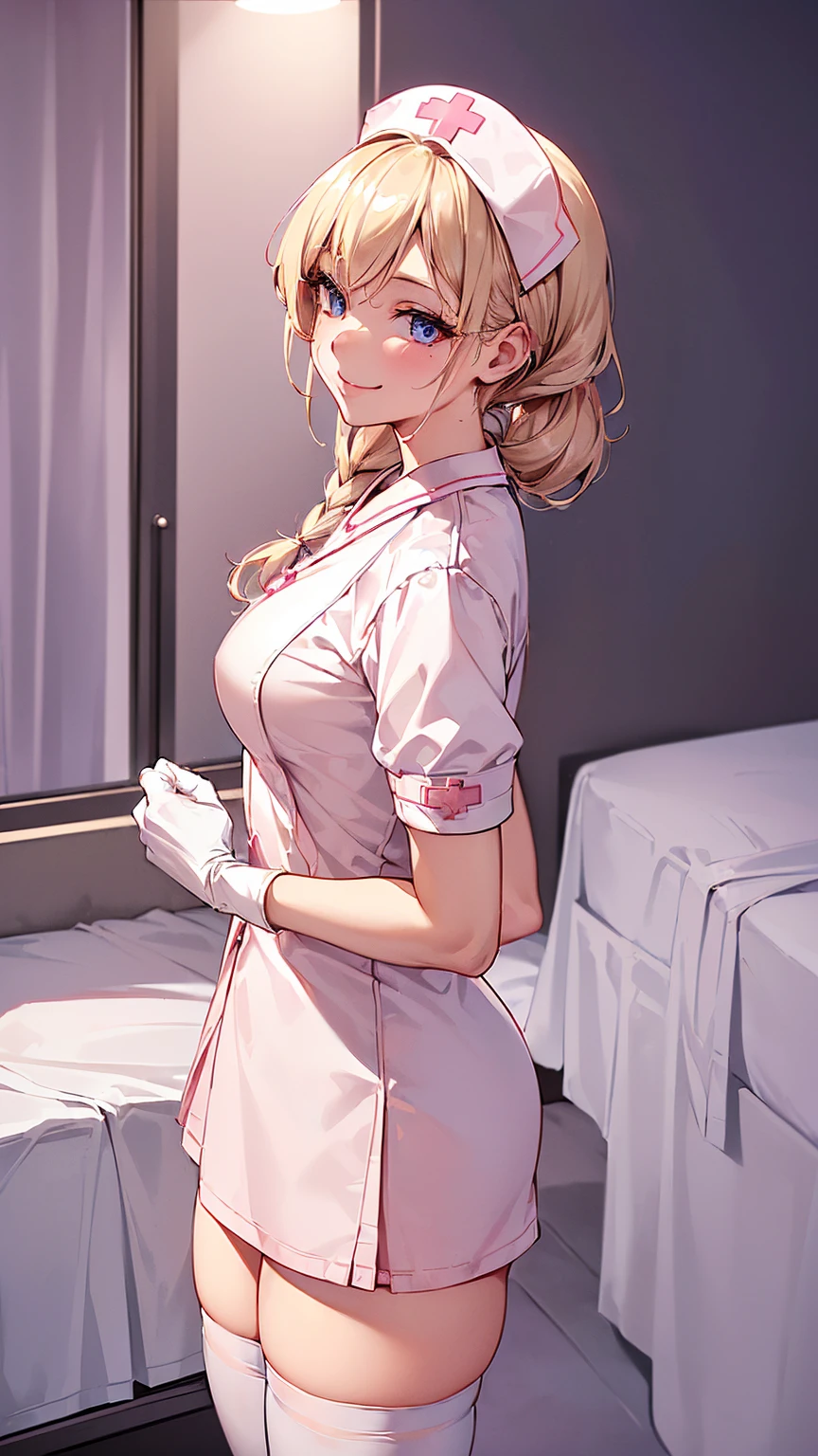 1woman, solo, nurse, nurse cap, white wear, ((white legwear, zettai ryouiki)), white gloves, blonde hair, blue eyes, pink lips, smile, standing, ((hospital room)), sharp outline, short sleeves, mature female, 35 years old, best quality, masterpiece