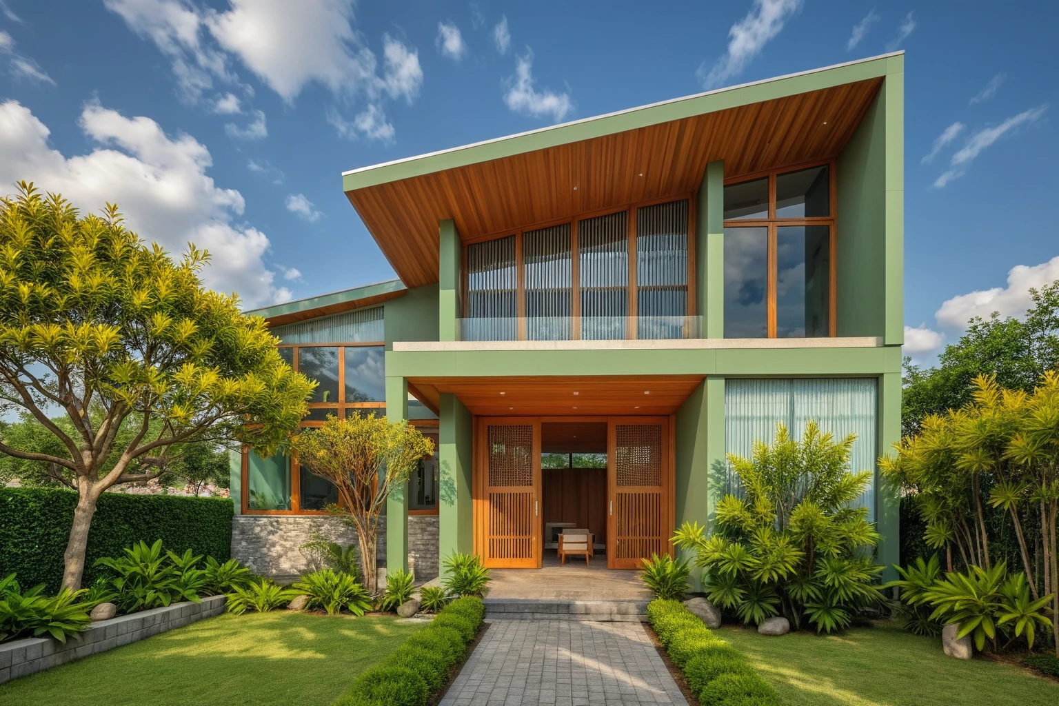 Masterpiece, high quality, best quality, authentic, super detailed, outdoor, modern house style, ((PaleGreen walls:1.1)), slanted roof, wooden details, wooden louvers, glass doors, street gates, sidewalks, grass, trees, blue sky, clouds, (date: 1.1), realistic light
