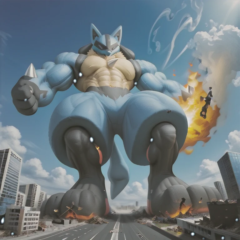 (masterpiece. official art. 8k. best quality. detailed full body. full body.)

(situation 1 : dominating lucario. over 1000 meters long.rampling the city. Looking down. macro. stomp. Low-angle perspective. emphasizing the immense size. stomping. stomp.)

(situation 2 :smoke and flames rising from the destruction in the city)

(Additional details 2: Detailed head. Detailed Body. Detailed abs. gigantic muscles. HYPER MUSCLES. Gigachad Muscular. big muscle. pecs. triceps. traps. unusually developed muscular body. body full of huge muscles. showing off muscles. pectorales enormes. Exaggeratedly huge muscles. huge muscles. long legs.).

(Additional details 4: black hyper penis. hyper black penis. big penis.) 
(lucario, pokemon) 
(An arrogant expression. smile at the corner of your mouth.)
No nipples. hyper growth. ripped muscles.