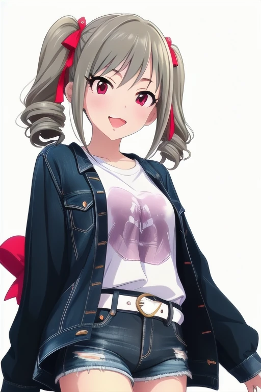 2D, anime, anime coloring, (solid white background:1.3) Kanzaki Ranko, grey hair, red eyes, long hair, smile, twintails, drill hair, twin drills, 1girl, solo, looking at viewer, open mouth, multiple girls, bangs, ribbon, hair ornament, bow, t-shirt, white shirt, denim shorts, shorts rolled, belt