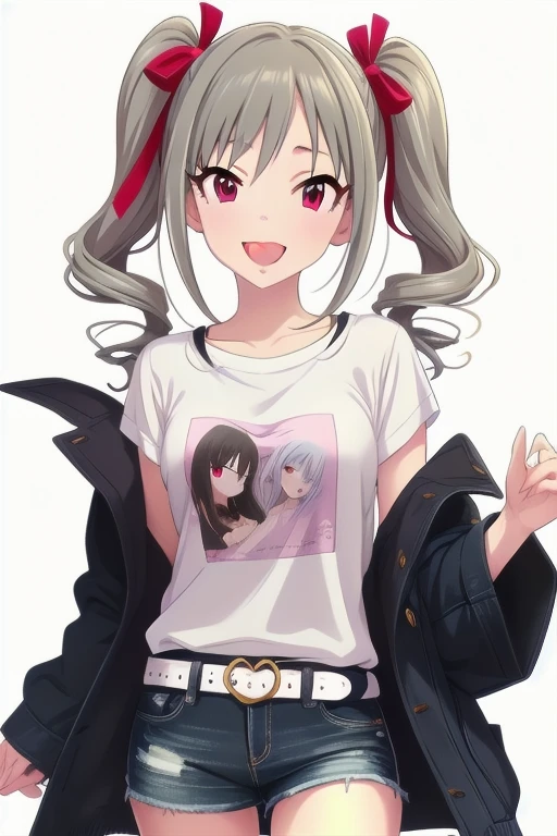 2D, anime, anime coloring, (solid white background:1.3) Kanzaki Ranko, grey hair, red eyes, long hair, smile, twintails, drill hair, twin drills, 1girl, solo, looking at viewer, open mouth, multiple girls, bangs, ribbon, hair ornament, bow, t-shirt, white shirt, denim shorts, shorts rolled, belt