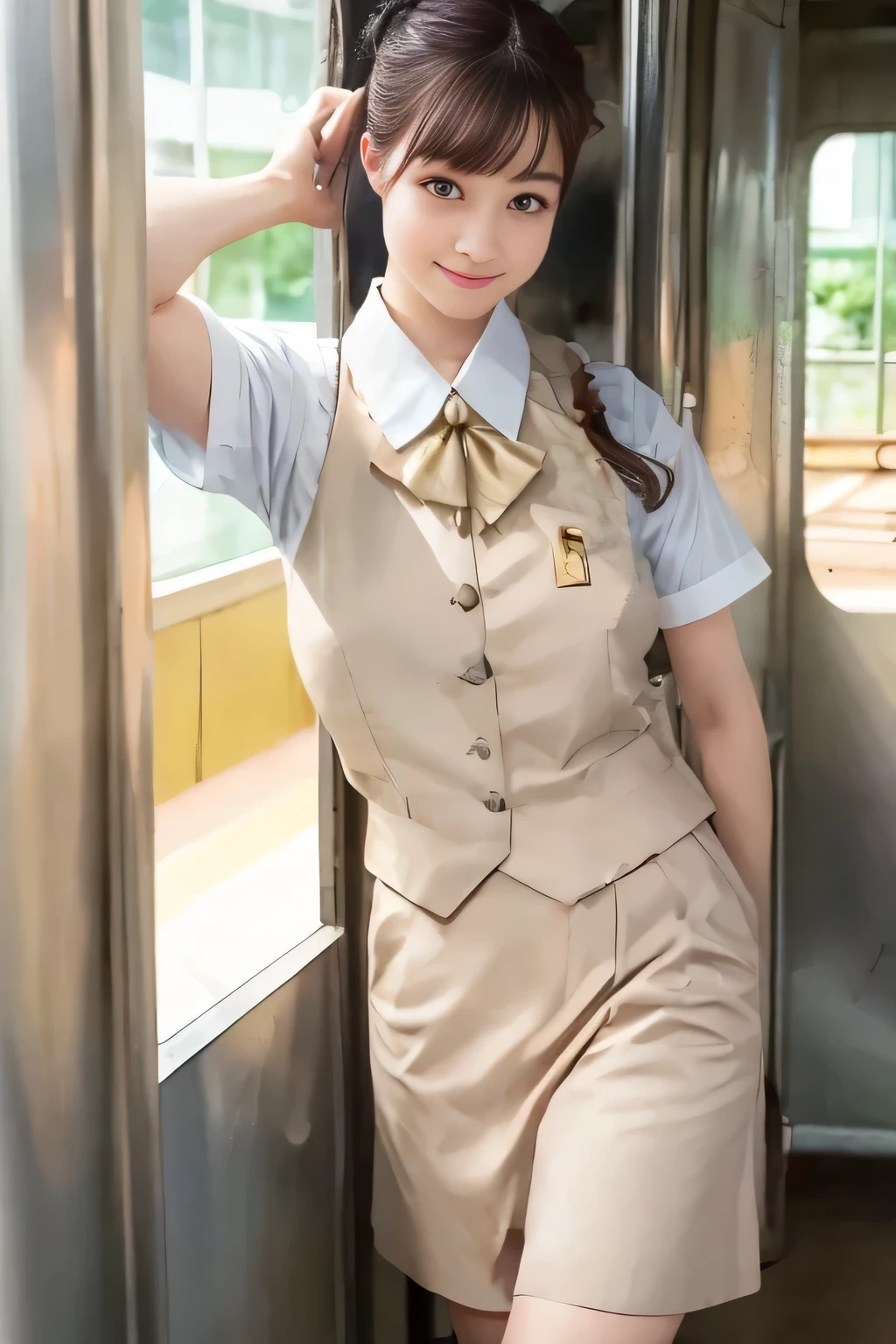 (masterpiece:1.2, Best Quality:1.2), 32K HDR, High resolution, (Alone、1 girl)、（On the roof of a building during the day、Professional Lighting）、Building rooftop background、（Real style of woman wearing train crew uniform beige5）、（（Woman train crew uniform beige5 light blue blouse short sleeve 、 Knee-length culottes skirt、Beige vest、scarf））、Dark brown hair、（Long Hair、Hair tied up、Hair tied up）、Dark brown hair、Long Shot、Big Breasts、Thin legs、（（Great hands：2.0）），（（Harmonious body proportions：1.5）），（（Normal limbs：2.0）），（（Normal finger：2.0）），（（Delicate eyes：2.0）），（（Normal eyes：2.0））)、smile、（Woman Train crew uniform beige5のKnee-length culottes skirtを見せた美しい立ち姿）、Put your hands down