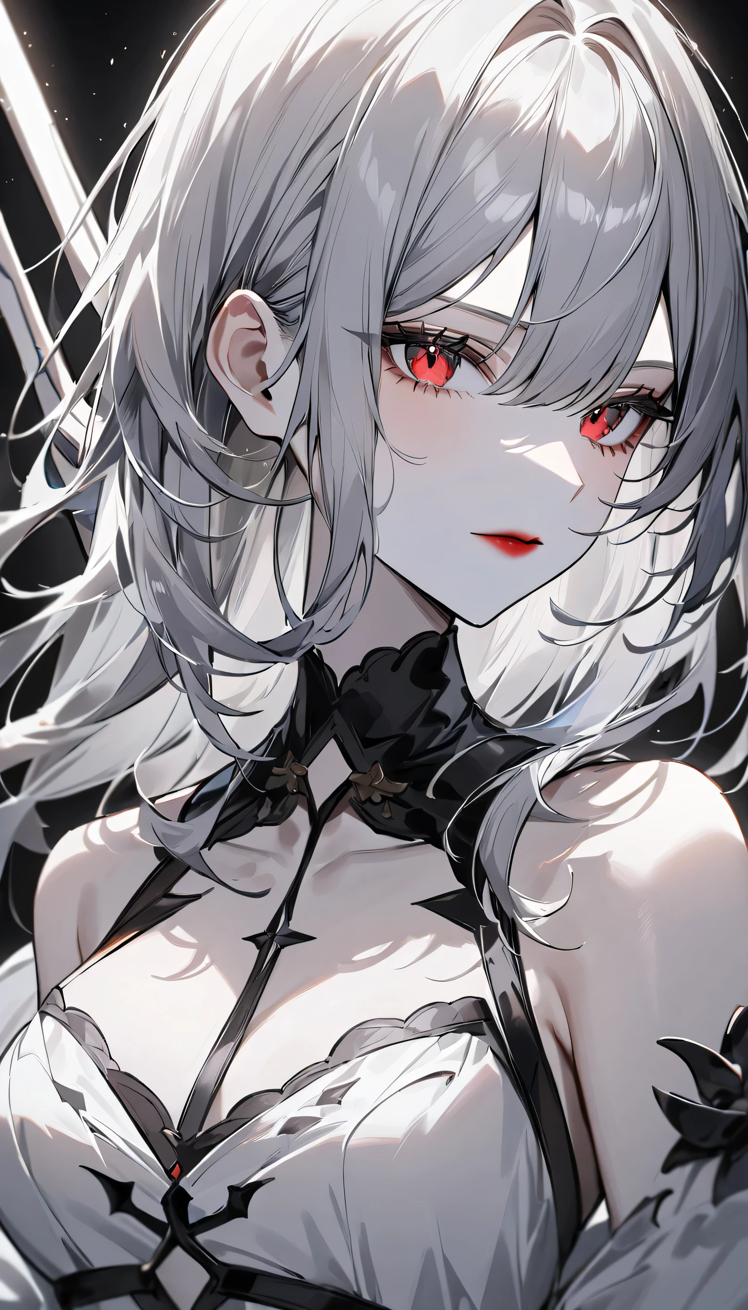 highest quality、masterpiece、1 girl、black background、gray hair:1.5、red eyes、red lips、white clothes、Black and white world、Black and white world、pale skin、side blade