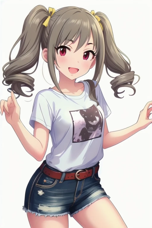 2D, anime, anime coloring, (solid white background:1.3) Kanzaki Ranko, grey hair, red eyes, long hair, smile, twintails, drill hair, twin drills, 1girl, solo, looking at viewer, stand, open mouth, multiple girls, bangs, ribbon, hair ornament, bow, t-shirt, white shirt, denim shorts, shorts rolled, belt