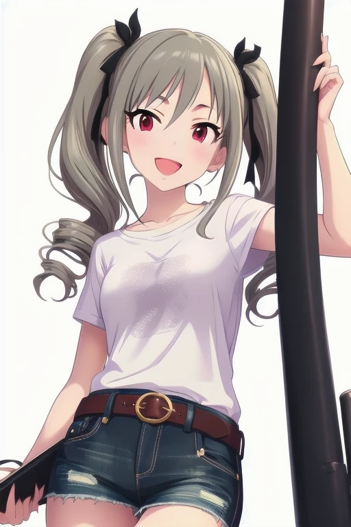 2D, anime, anime coloring, (solid white background:1.3) Kanzaki Ranko, grey hair, red eyes, long hair, smile, twintails, drill hair, twin drills, 1girl, solo, looking at viewer, stand, open mouth, multiple girls, bangs, ribbon, hair ornament, bow, t-shirt, white shirt, denim shorts, shorts rolled, belt