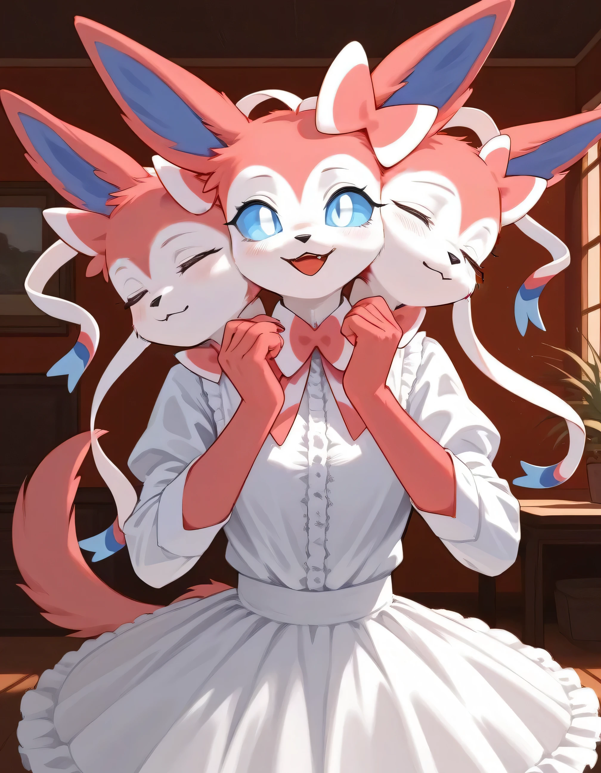Solo, score_9,score_8_up,score_7_up, an anthro furry female sylveon, blue sclera, white eyes, wearing pink blouse, white shirt frilly skirt, indoors, bashful pose, hands to her face, three heads, 3heads, conjoined, eyes closed, sleeping, asleep,
