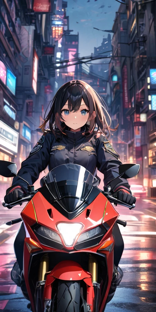 High quality, high definition images, full HD, 8k、(A woman in a black riding suit ), many mechanisms are visible,Many blue lights on the exterior,Riding a modern bike,modern motorbike ,blue light on the exterior,Driving on the roads of a futuristic city、Concentrated line、The bike is running at high speed,((Police Officer uniform:1.3))