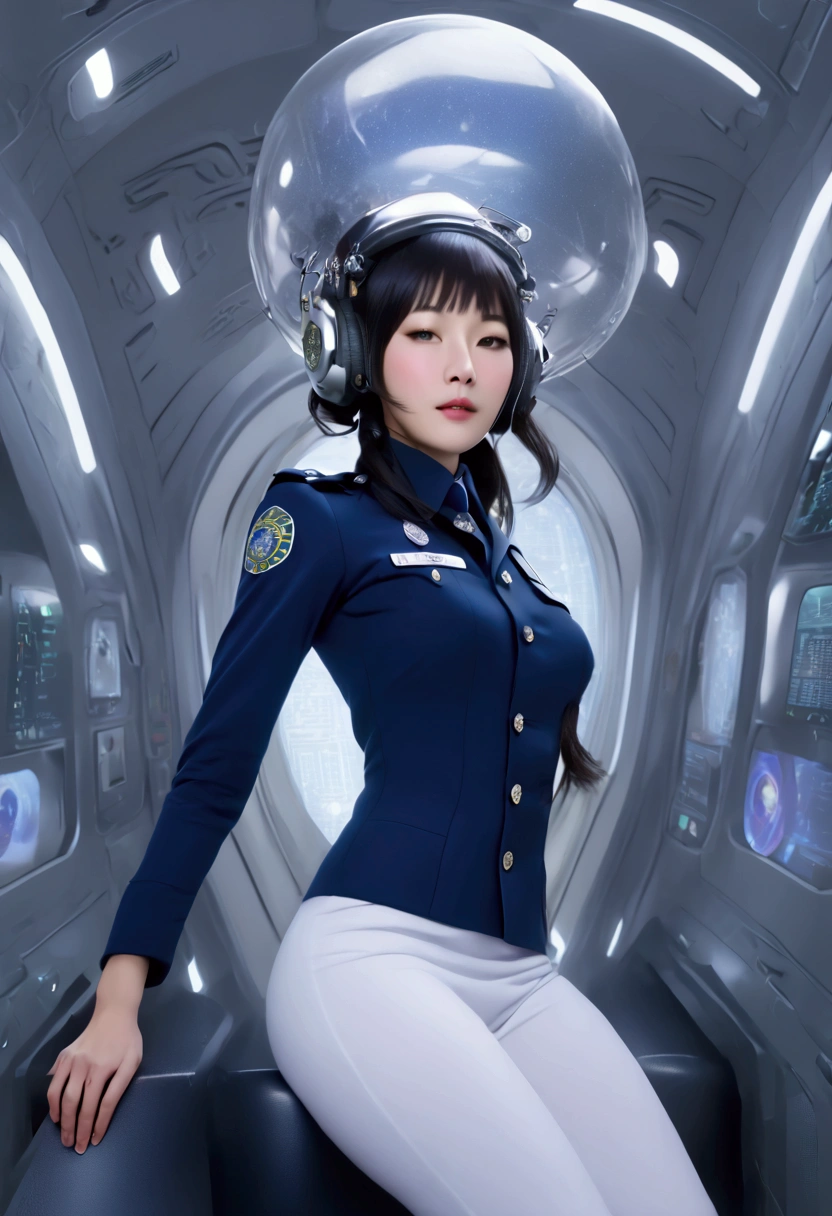 (((( Japanese Woman wearing 2005 japan Police Officer uniform )))), with flowing hair on a realistic futuristic space station)), ((sleeping in coffin shaped futuristic cryopod)), ((cushioned bed with display and glowing control surfaces)), ((scifi circlet on head)), weightless & floating, (photorealistic), , , (with medical sensor harness and connected full body
