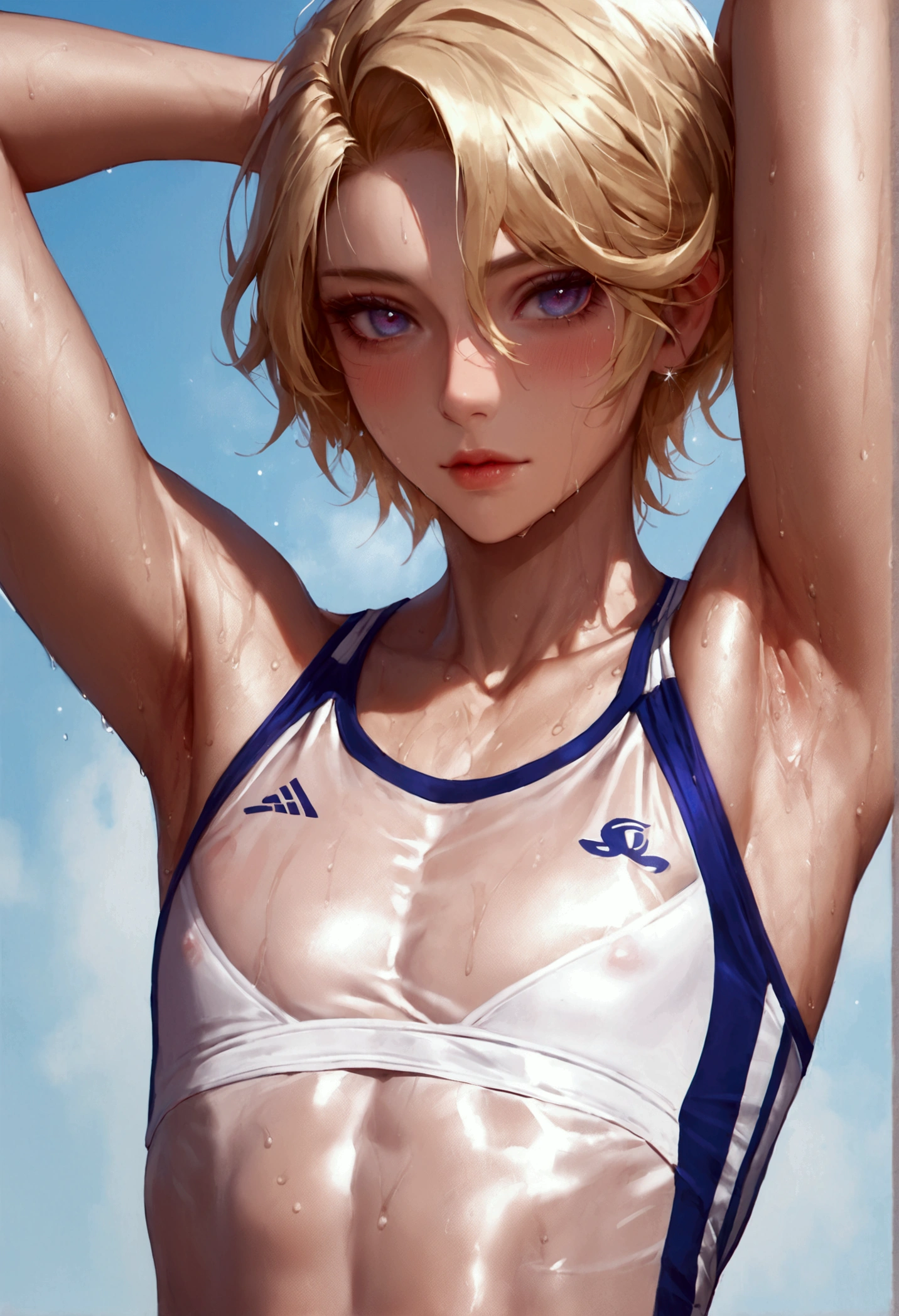 score_9, score_8_up, score_7_up, Portrait of a very beautiful boy,Show your armpits,Sports uniforms,Sports Bra,Blonde,Semi-long,anime,Unreal beauty,Captivating eyes,Sweating,Sweaty armpits,Thin chest, femboy, trap,Beautiful Shadows,Best Quality,  (Subtle details), (Intricate details), Cinematic Light,Ray Tracing,Beautiful Face,Perfect Face,Upper body close-up,Wet, see-through clothes