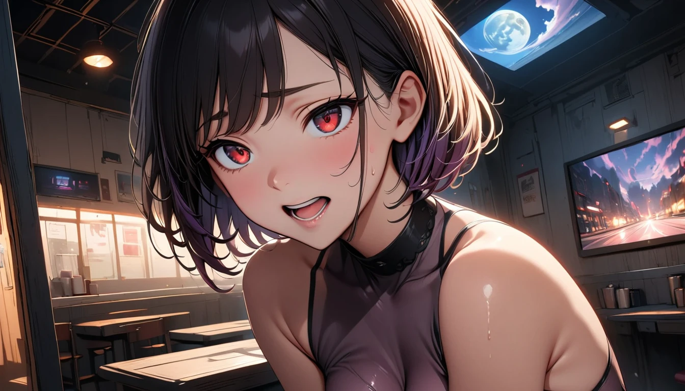 (high quality, 8k, 4K, High Contrast, masterpiece:1.2, 最high quality, Best aesthetics), Beautiful illustrations, High contrast, Flat Color, ((Doing sumata:1.5)), High Angle side Shot, ((1 girl)), Perfect Face,(Painful expression), ((Red eyes)), (Mouth open), Sweating,Cute and symmetrical face, Shiny skin, ((Extra Short Hair)), black hair, Short Height, Beautiful Face, Beautiful fine details, Beautiful clavicle, Beautiful body, Beautiful breasts, small breasts, ((A purple baby doll with a see-through upper body),((The lower half is naked), evening, (Soapland Room), (1boy), ((penis))