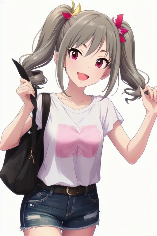 2D, anime, anime coloring, (solid white background:1.3) Kanzaki Ranko, grey hair, red eyes, long hair, smile, twintails, drill hair, twin drills, 1girl, solo, looking at viewer, stand, open mouth, multiple girls, bangs, ribbon, hair ornament, bow, t-shirt, white shirt, belt, denim shorts, shorts rolled