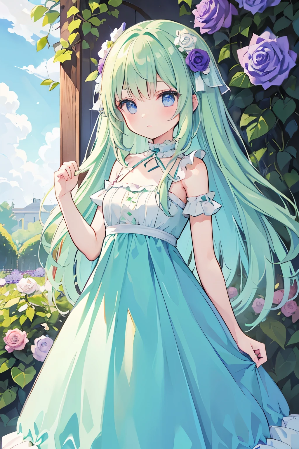 1 girl in、green colored hair、Longhaire、fluffy hair、Light blue eyes、Delicate eyes、a beauty girl、Purple Dress、Long dress with fine décor、Beautiful purple long dress、Rose Garden Background、rose garden、dame