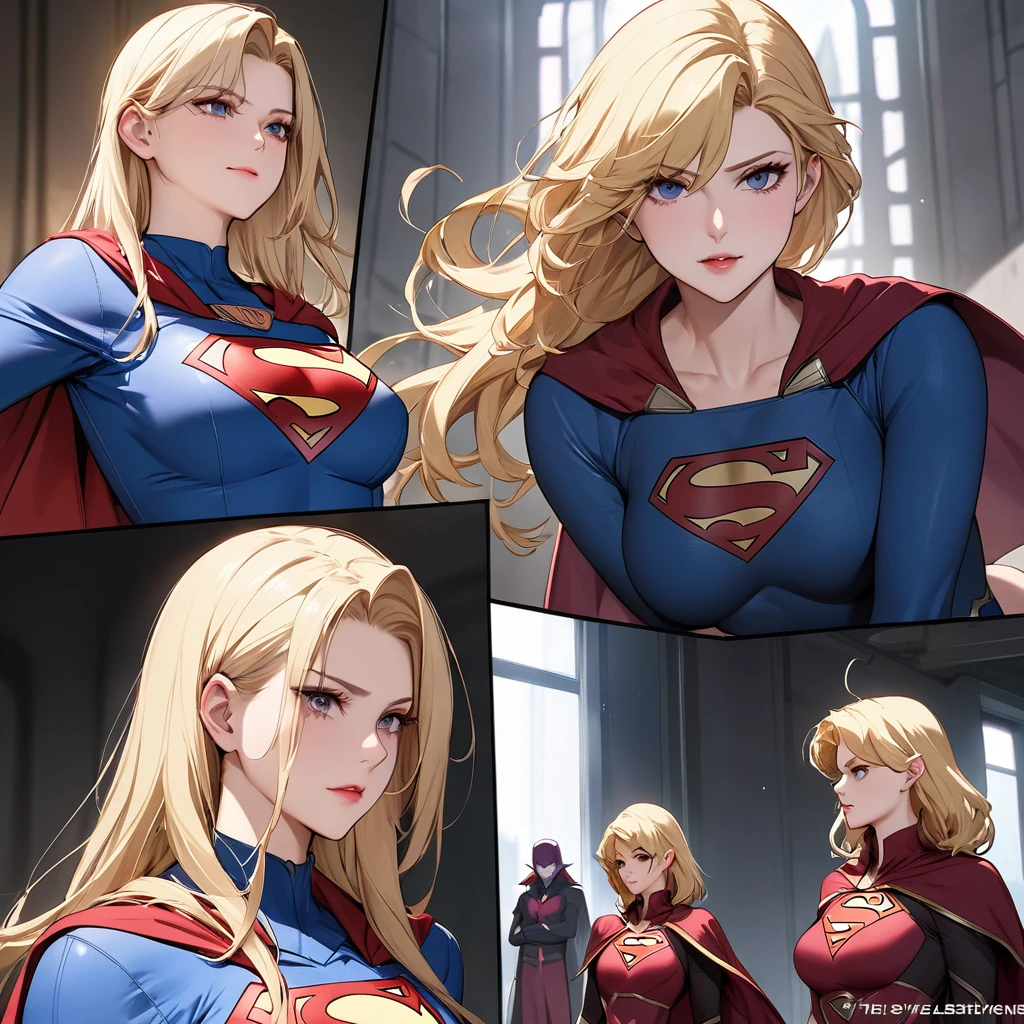 ((Best Quality)), ((masterpiece)), (detailed), （Perfect Face）、The woman is Seras Ashleyne, a supergirl and high elf with medium-long blonde hair.、The woman has been brainwashed and modified by Lex Luthor into an evil villain.