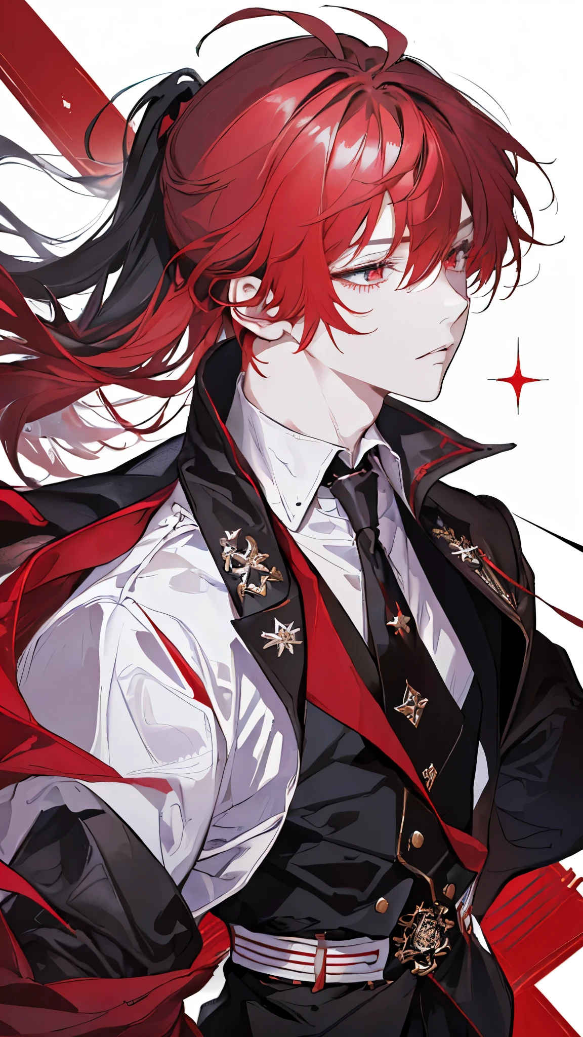 masterpiece, best quality, diluc (genshin impact), 1boy, male focus, red hair, red eyes, long hair, solo, simple background, white background, hair between eyes, bangs, closed mouth, ponytail, sparkle, looking at viewer, antenna hair, cropped shoulders, shirt, jacket, portrait, black shirt, necktie, collared shirt