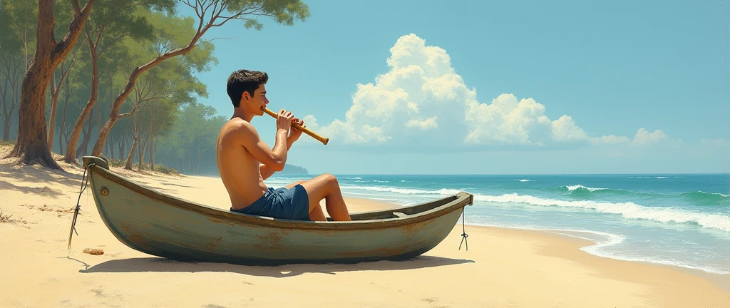 Ultra detailed illustration, ((oil painting a young man in Roberto Ferri style, fullcolor, Latino, slim toned fitness body, defined muscles, perfect anatomy, short black wavy hair, Roman nose, thin lips, square chin, diamond shaped face, barefoot, shirtless, wearing orange and green shorts, standing playing the violin) (fernando botero painting style background, you can see Cartagena port in Colombia ), evokes masculine beauty and art.
