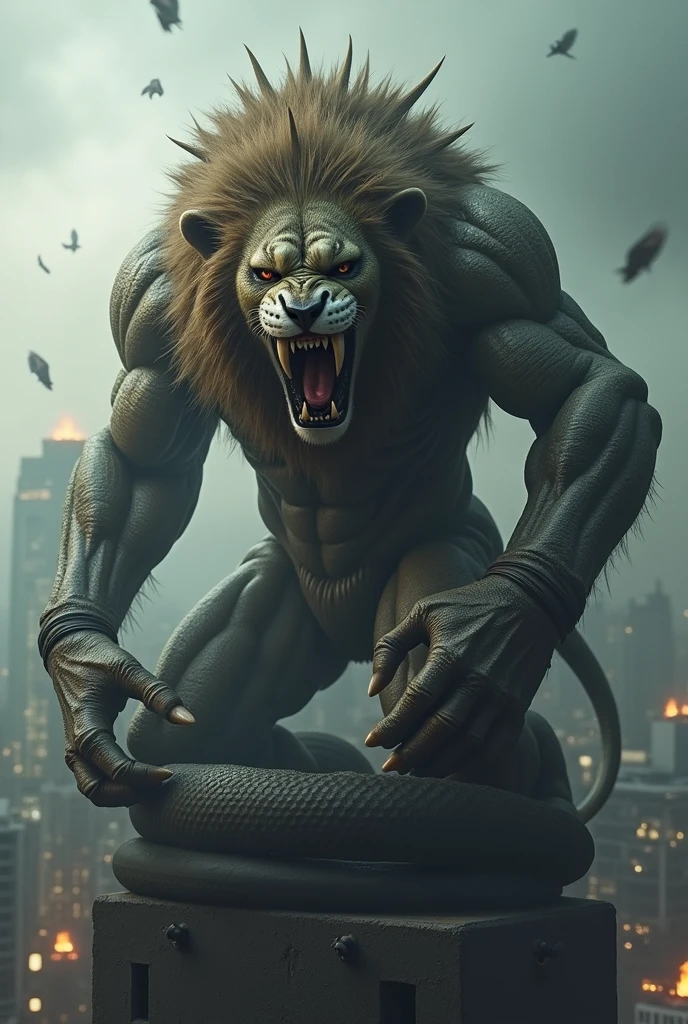 Gigantic dangerous and horrific look cross between a lion and a eel with a scary background and lighting on the lion body with big fangs